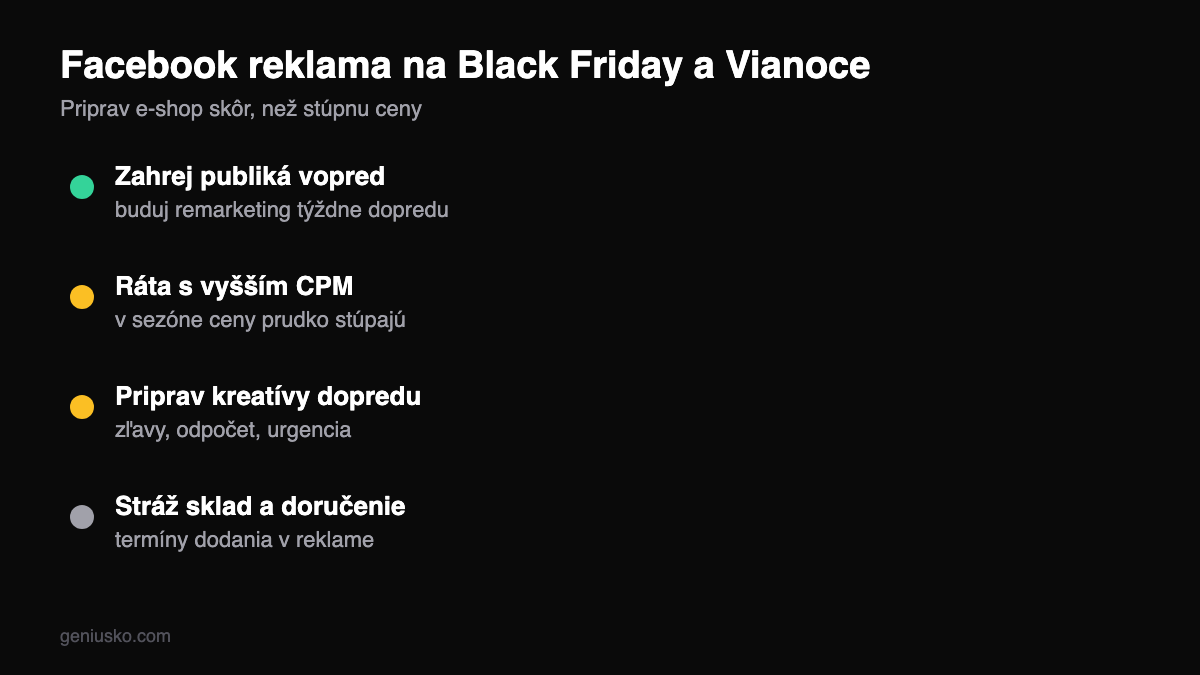 Facebook reklama Black Friday a Vianoce — príprava e-shopu: warm-up publík, rozpočet, kreatíva