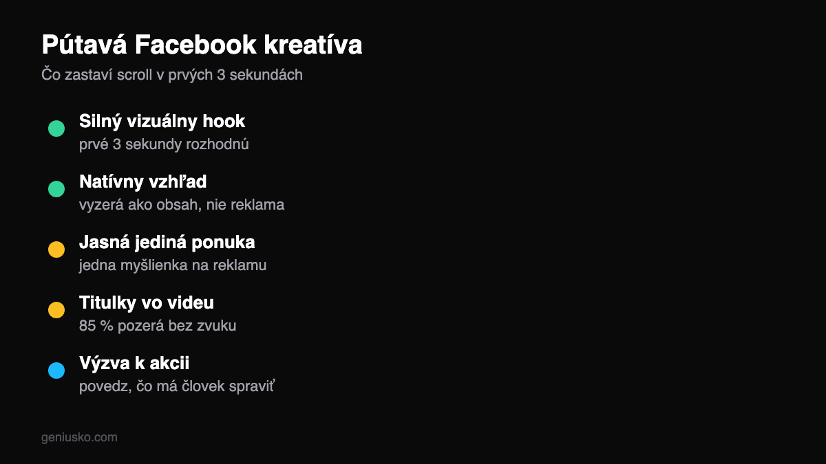 Facebook reklama kreatíva — čo robí reklamu pútavou: hook, natívny vzhľad, jasná ponuka
