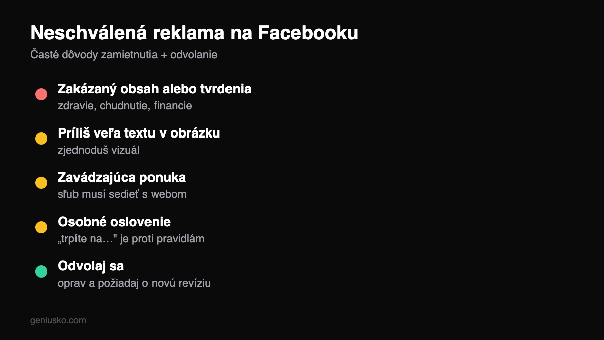 Neschválená reklama na Facebooku — dôvody zamietnutia a ako sa odvolať